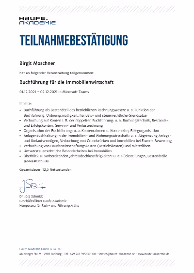 Teilnahmebestatigung von Birgit Moschner