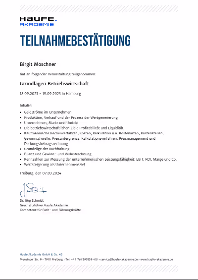 Teilnahmebestatigung von Birgit Moschner