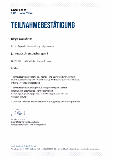 Teilnahmebestatigung von Birgit Moschner